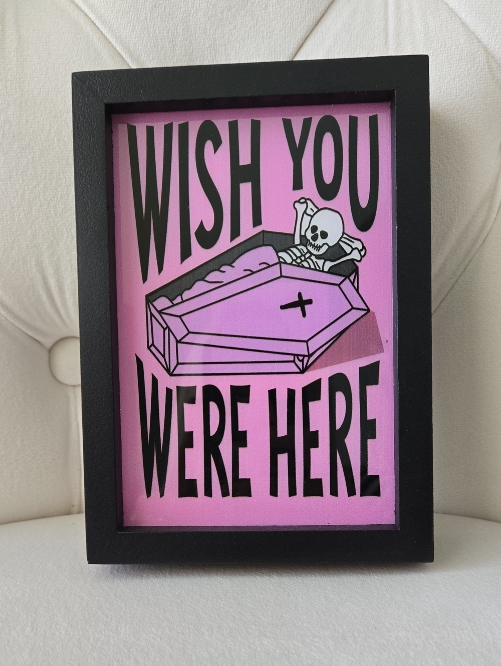 Michaels Black Framed Pink "Wish You Were Here" Skeleton Coffin Art, NWT